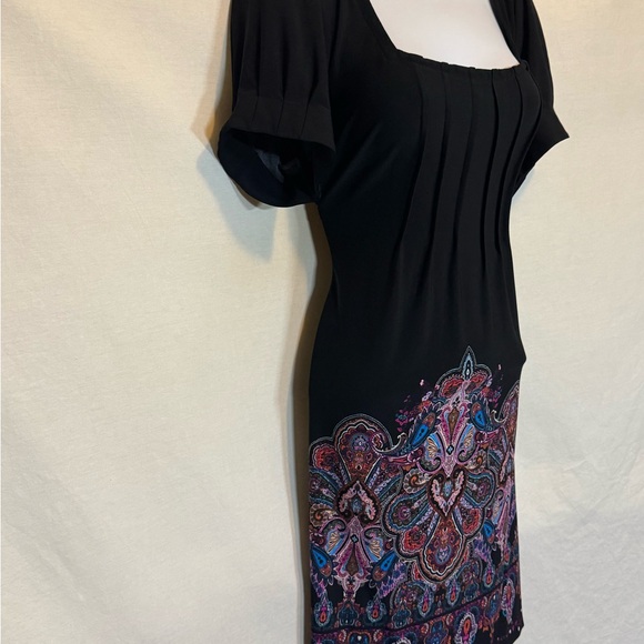 F-104 Ice Black & Colorful Print Pleated Short Sleeve MIDI Dress Size 10 - Picture 5 of 12